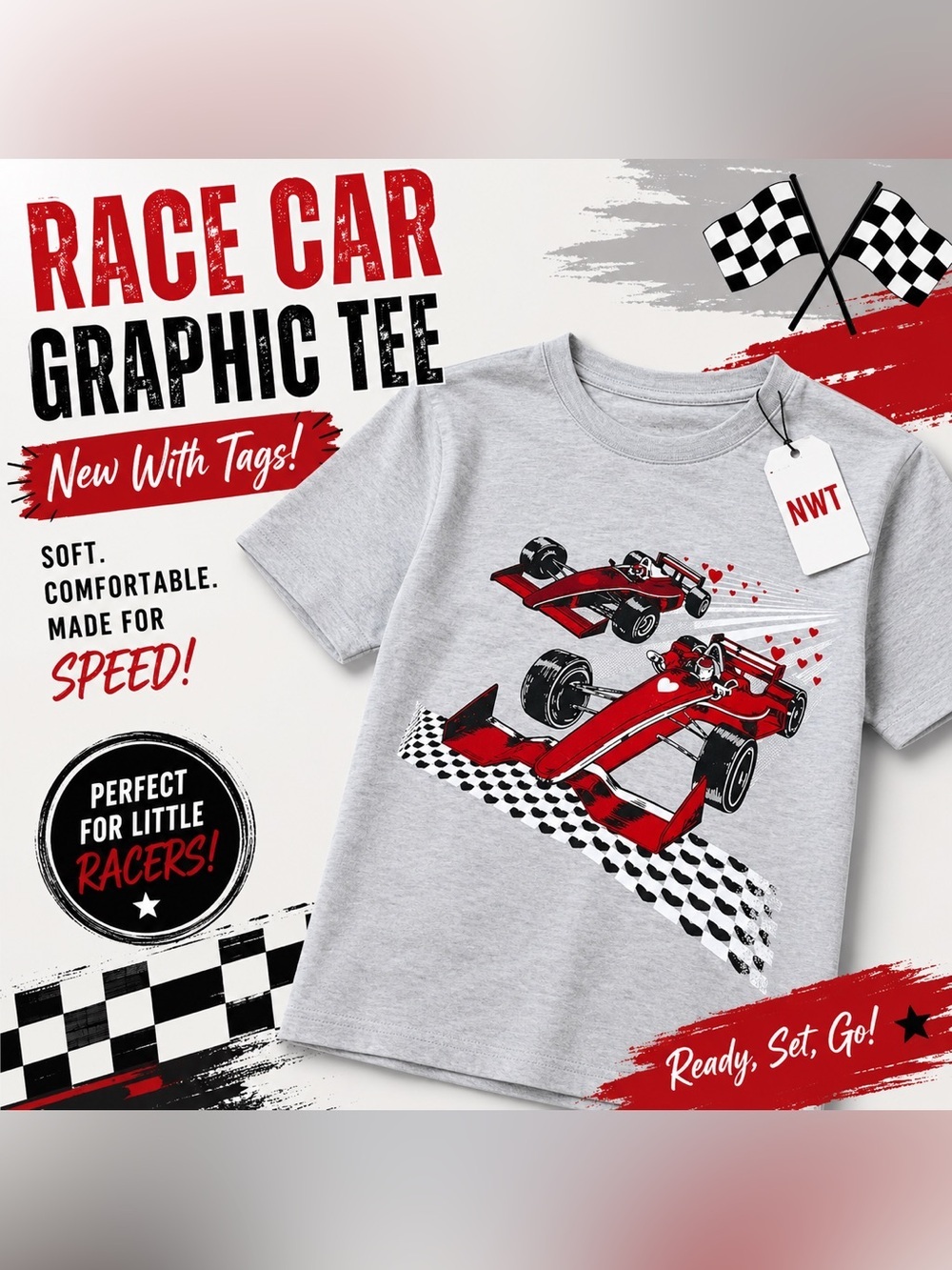 NWT Kids Race Car Graphic T-Shirt Gray Red Formula Racing Tee Size Boys 10/12